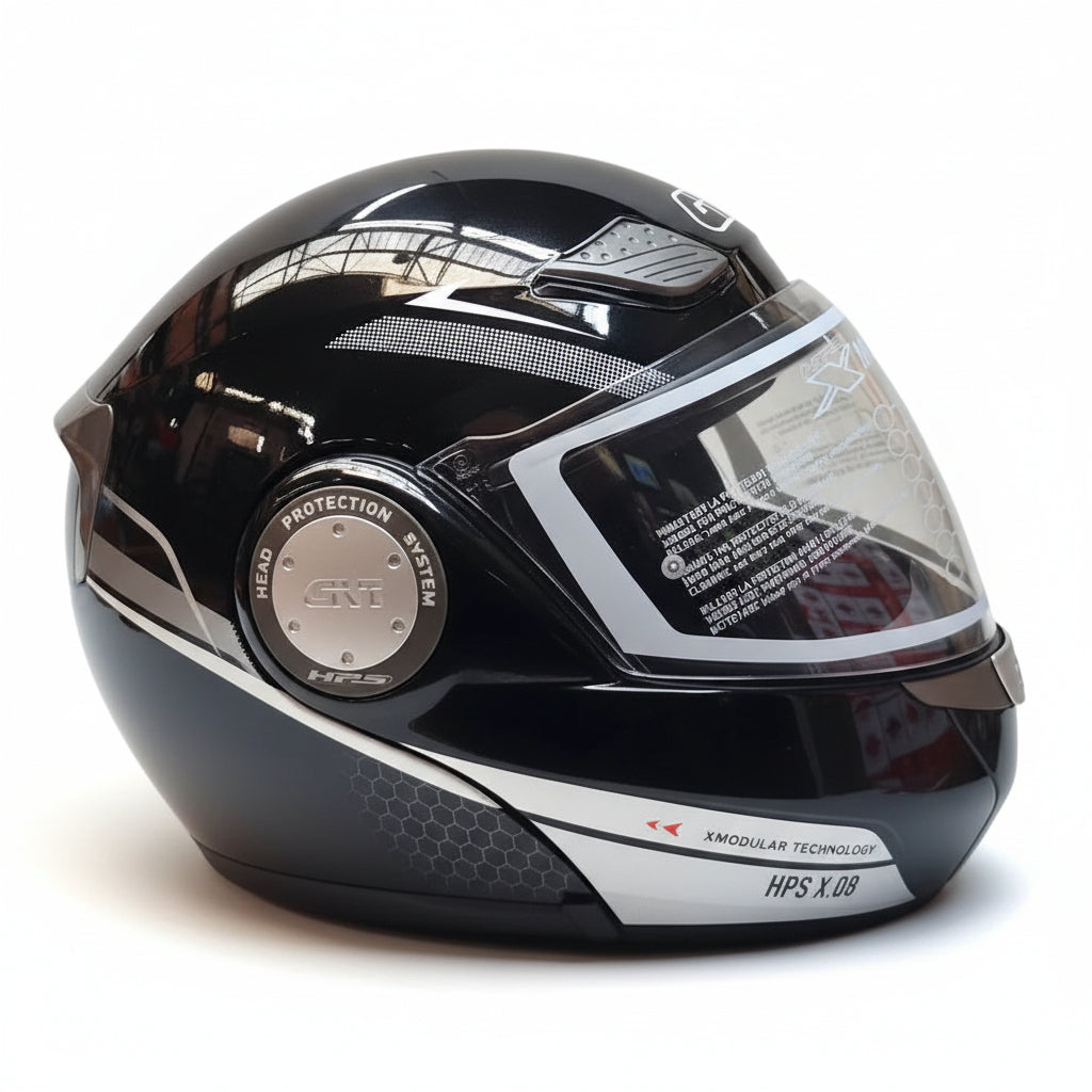 Casco modulare Givi X.08 X-Modular nero lucido con fasce argento, vista laterale con disco cromato