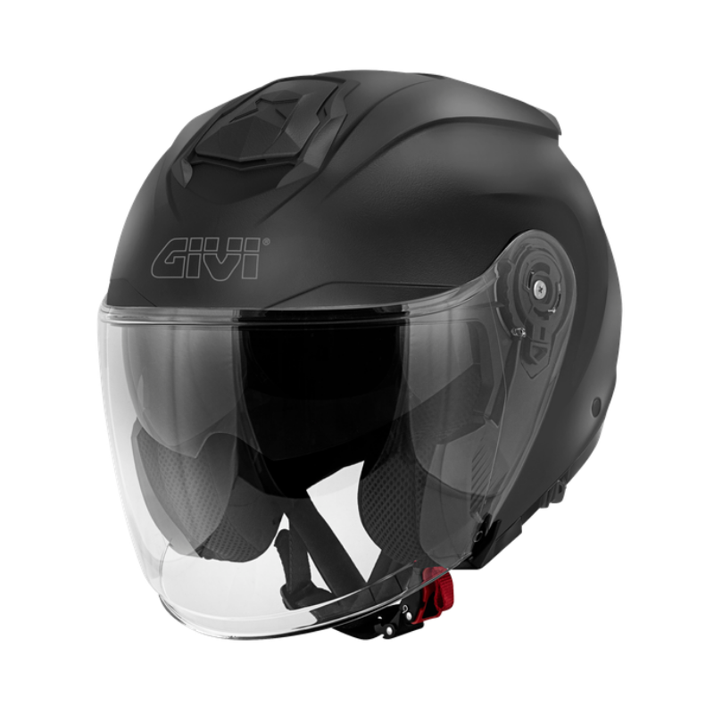 Givi X25 Solid Color casco jet nero opaco HX25BN900, vista di tre quarti con visiera lunga e visierino parasole abbassato
