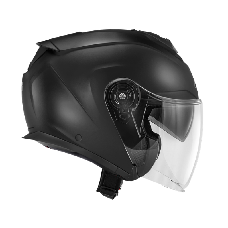 Profilo laterale del casco jet Givi X25 nero opaco con visiera lunga trasparente abbassata e spoiler posteriore