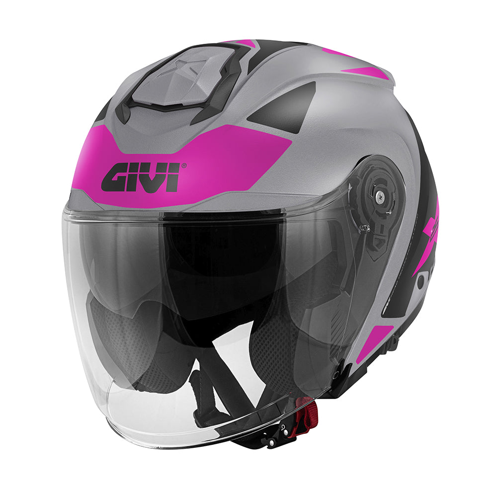 Givi X25 Target Lady HX25FTGTP casco jet grigio opaco/nero/rosa – vista di tre quarti anteriore