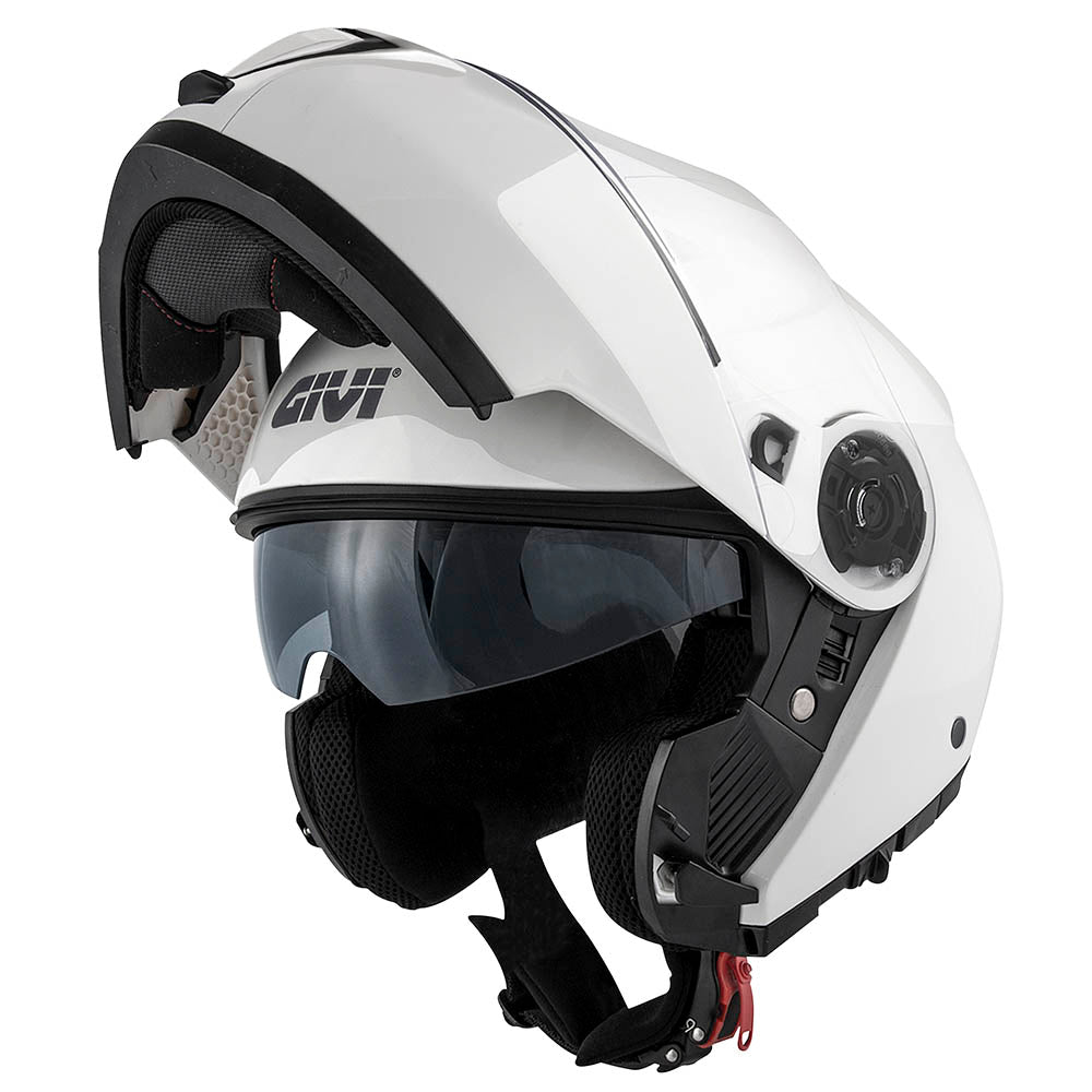 Givi X26 Solid Color HX26BB910 casco modulare bianco lucido – vista di tre quarti con mentoniera aperta