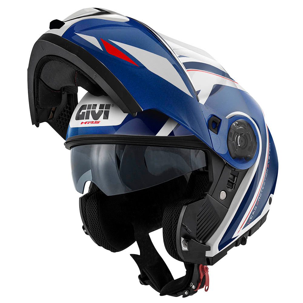 Givi X26 Square HX26FQRWL casco modulare blu/bianco/rosso – vista di tre quarti con mentoniera aperta
