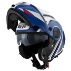 Givi X26 Square HX26FQRWL casco modulare blu/bianco/rosso – vista di tre quarti con mentoniera aperta