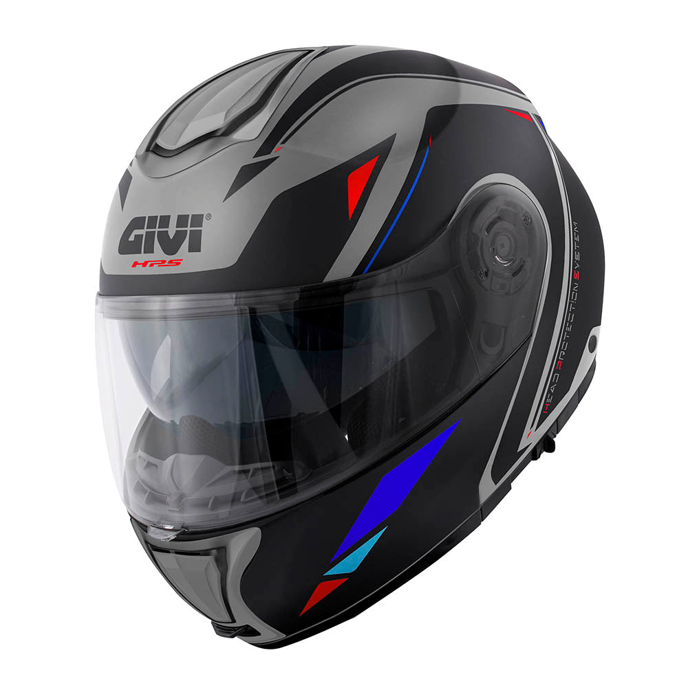 Givi X26 Square HX26FQRGB casco modulare grigio opaco/nero/rosso/blu – vista di tre quarti anteriore