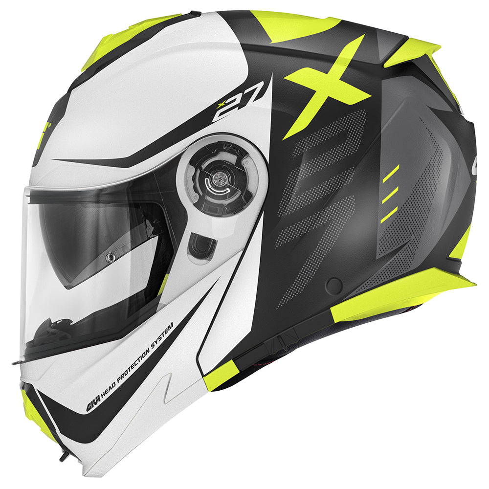 Givi X27 Dimension HX27FDMWY casco modulare bianco/nero opaco/giallo fluo – vista laterale
