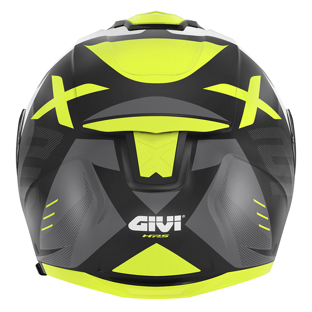 Givi X27 Dimension HX27FDMWY casco modulare bianco/nero opaco/giallo fluo – vista posteriore