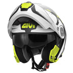 Givi X27 Dimension HX27FDMWY casco modulare bianco/nero opaco/giallo fluo – vista di tre quarti con mentoniera aperta