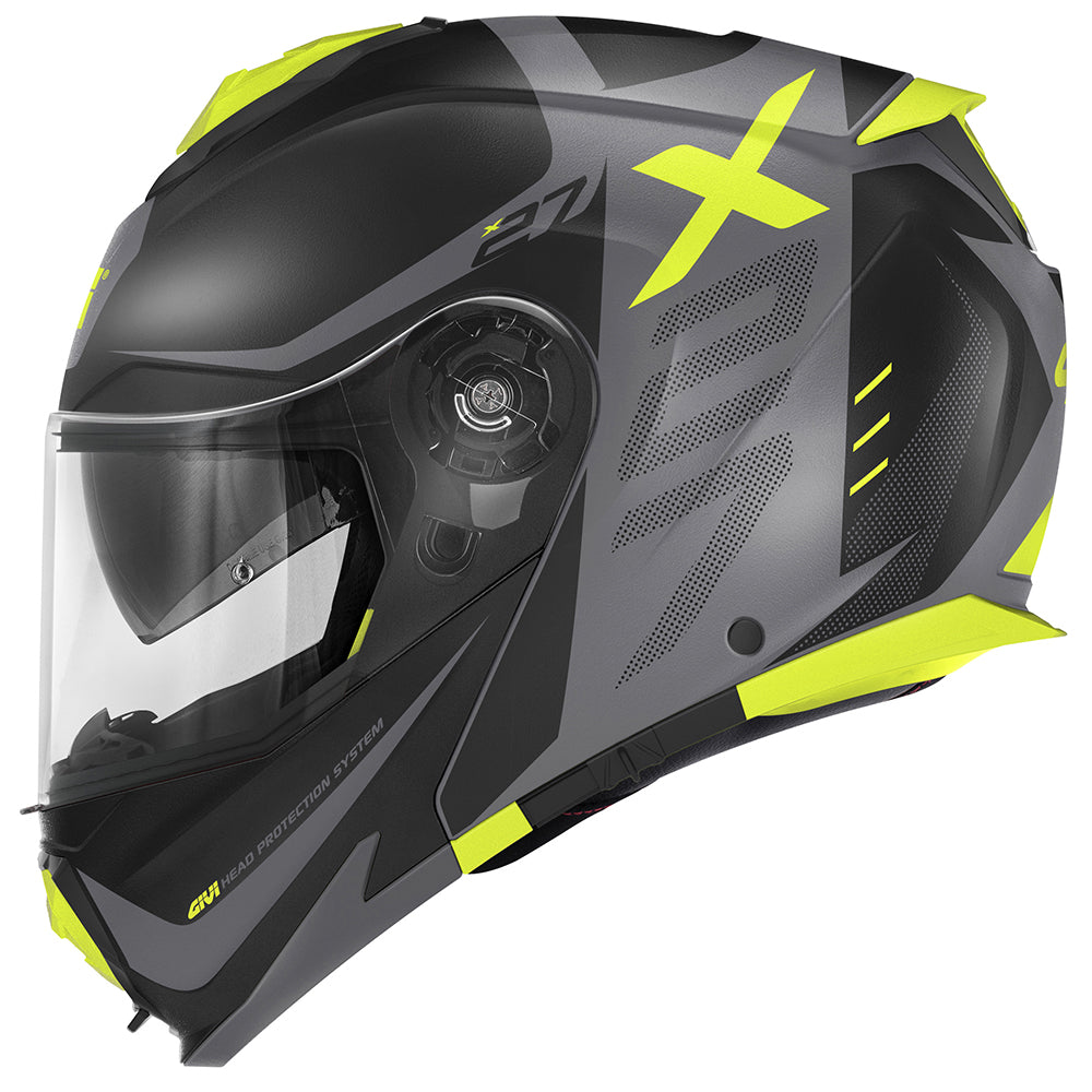 Givi X27 Dimension HX27FDMBY casco modulare nero opaco/titanio/giallo fluo – vista laterale