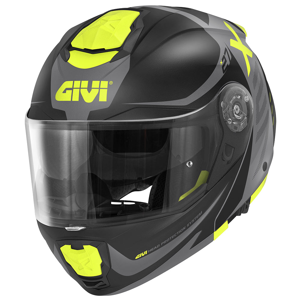 Givi X27 Dimension HX27FDMBY casco modulare nero opaco/titanio/giallo fluo – vista di tre quarti anteriore
