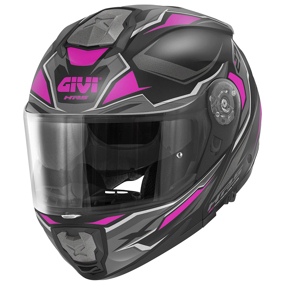 Givi X27 Sector Lady HX27FSEBF casco modulare nero opaco/titanio/fucsia – vista di tre quarti anteriore