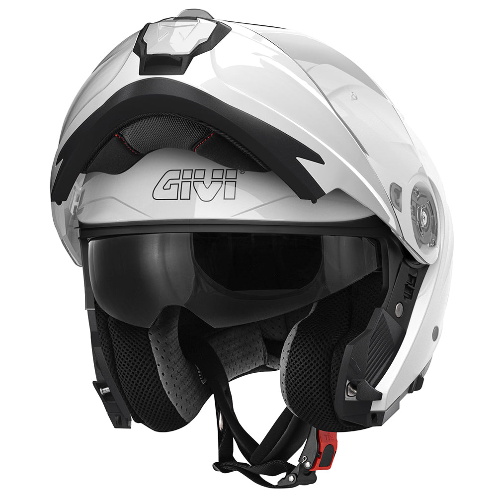 Givi X27 Solid Color HX27BB910 casco modulare bianco lucido – vista di tre quarti con mentoniera aperta