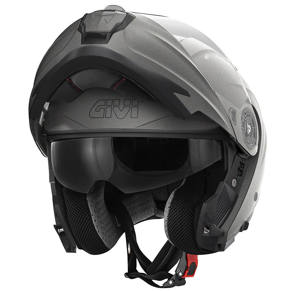 Givi X27 Solid Color HX27BG768 casco modulare titanio opaco – vista di tre quarti con mentoniera aperta