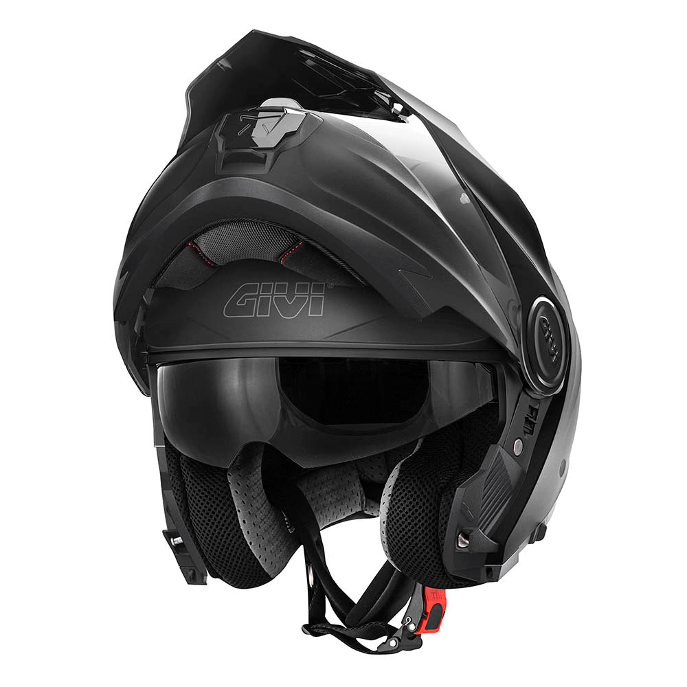 Givi X27 Tourer Solid Color HX27SN900 casco modulare nero opaco – vista di tre quarti con mentoniera aperta