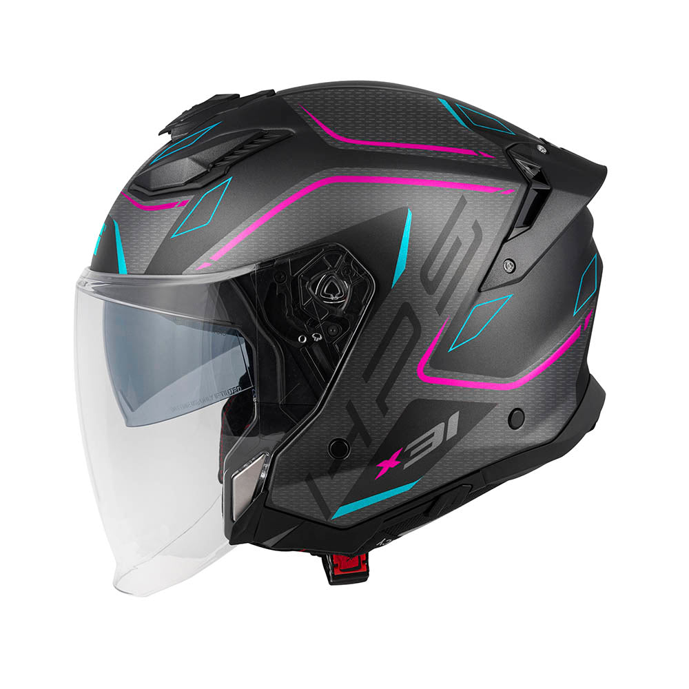 Givi X31 Impact HX31FMPBF casco jet nero opaco/titanio/fucsia/azzurro – vista laterale
