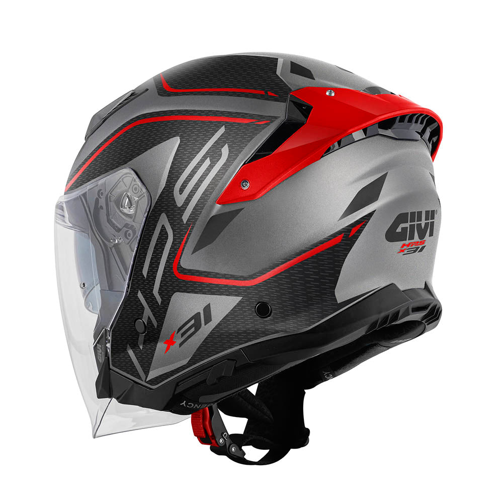 Givi X31 Impact HX31FMPTR casco jet titanio opaco/nero/rosso – vista di tre quarti posteriore