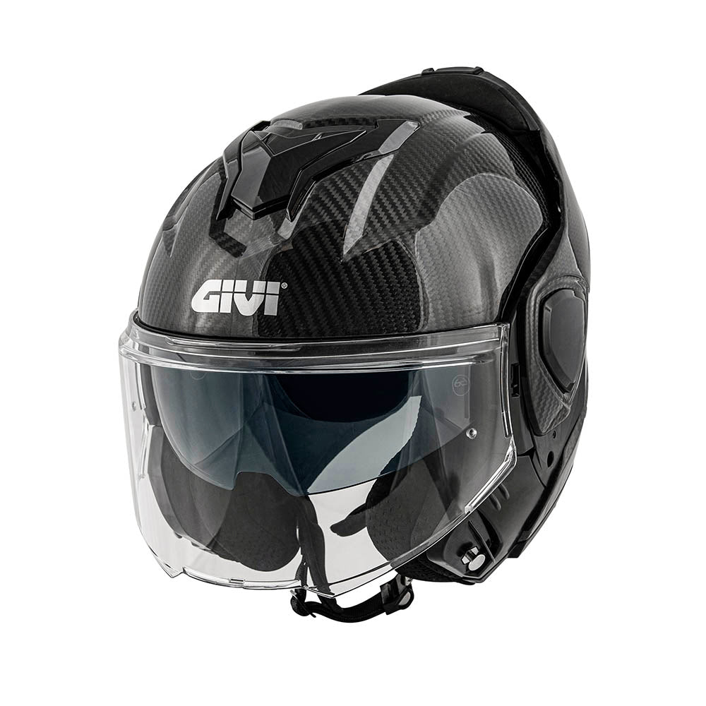 Givi X36 Carbon Solid Color HX36CCRSD casco modulare carbonio lucido – vista di tre quarti con mentoniera ribaltata
