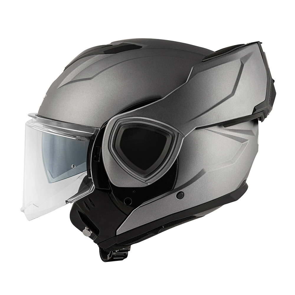 Givi X36 Fiber HX36SG768 casco modulare titanio opaco – vista laterale con mentoniera ribaltata
