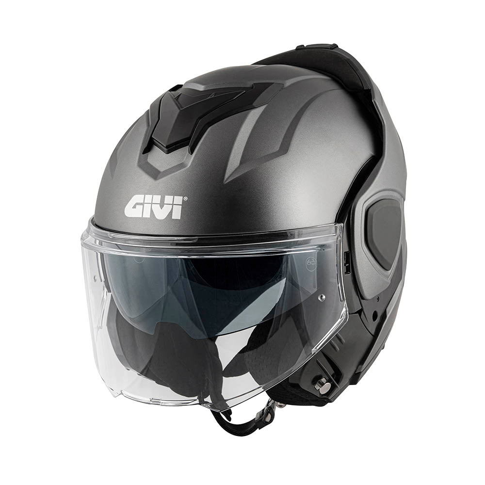 Givi X36 Fiber HX36SG768 casco modulare titanio opaco – vista di tre quarti con mentoniera ribaltata