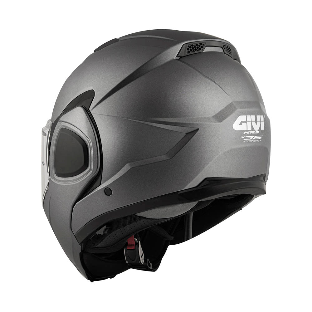 Givi X36 Fiber HX36SG768 casco modulare titanio opaco – vista di tre quarti posteriore