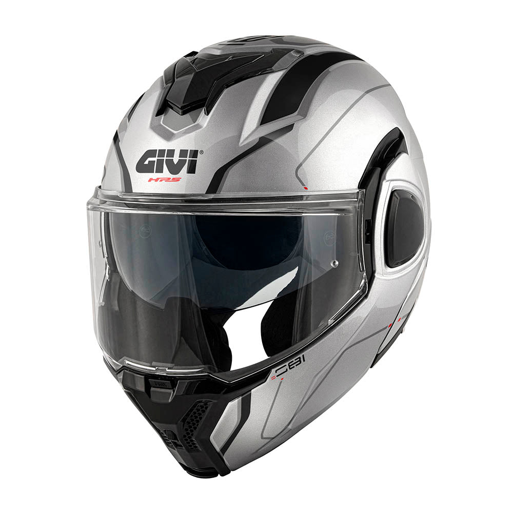 Givi X36 Fiber Pulse HX36RPLSB casco modulare argento/nero/titanio/grigio – vista di tre quarti anteriore