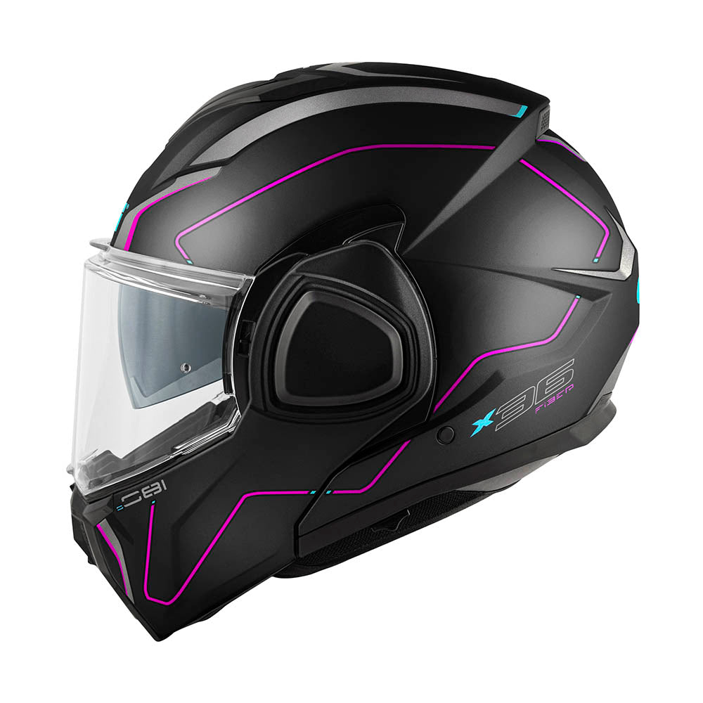 Givi X36 Fiber Pulse HX36RPLBF casco modulare nero opaco/titanio/fucsia/azzurro – vista laterale