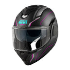 Givi X36 Fiber Pulse HX36RPLBF casco modulare nero opaco/titanio/fucsia/azzurro – vista di tre quarti anteriore
