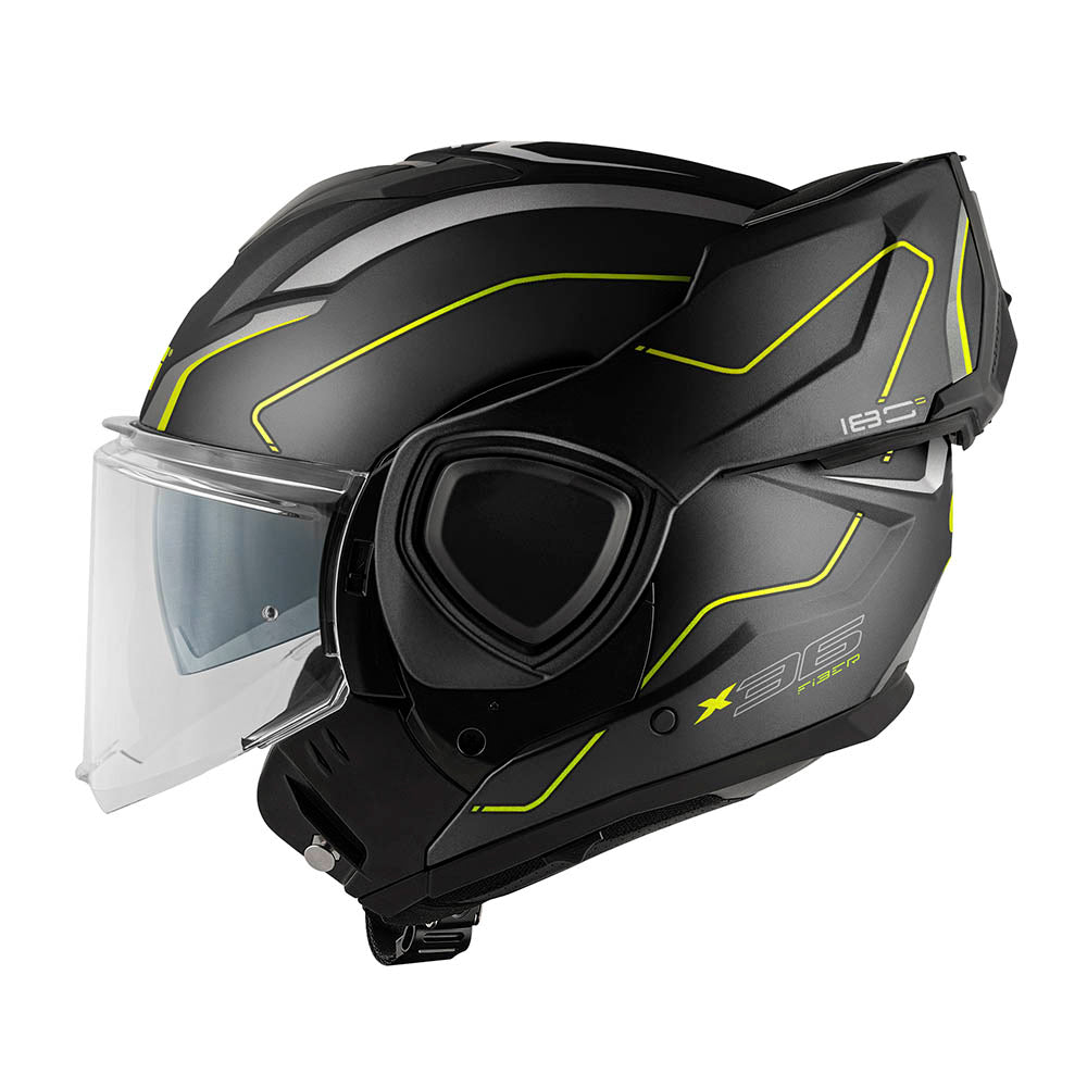 Givi X36 Fiber Pulse HX36RPLBY casco modulare nero opaco/titanio/giallo – vista laterale con mentoniera ribaltata