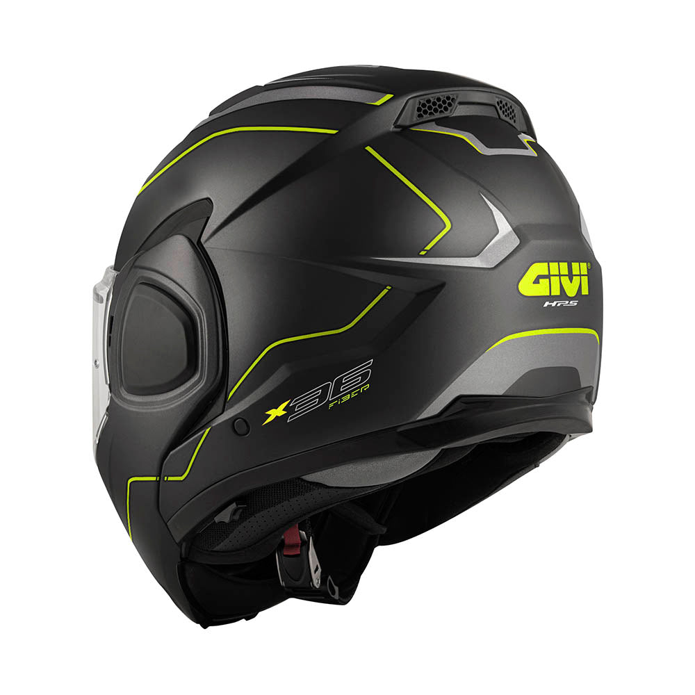 Givi X36 Fiber Pulse HX36RPLBY casco modulare nero opaco/titanio/giallo – vista posteriore