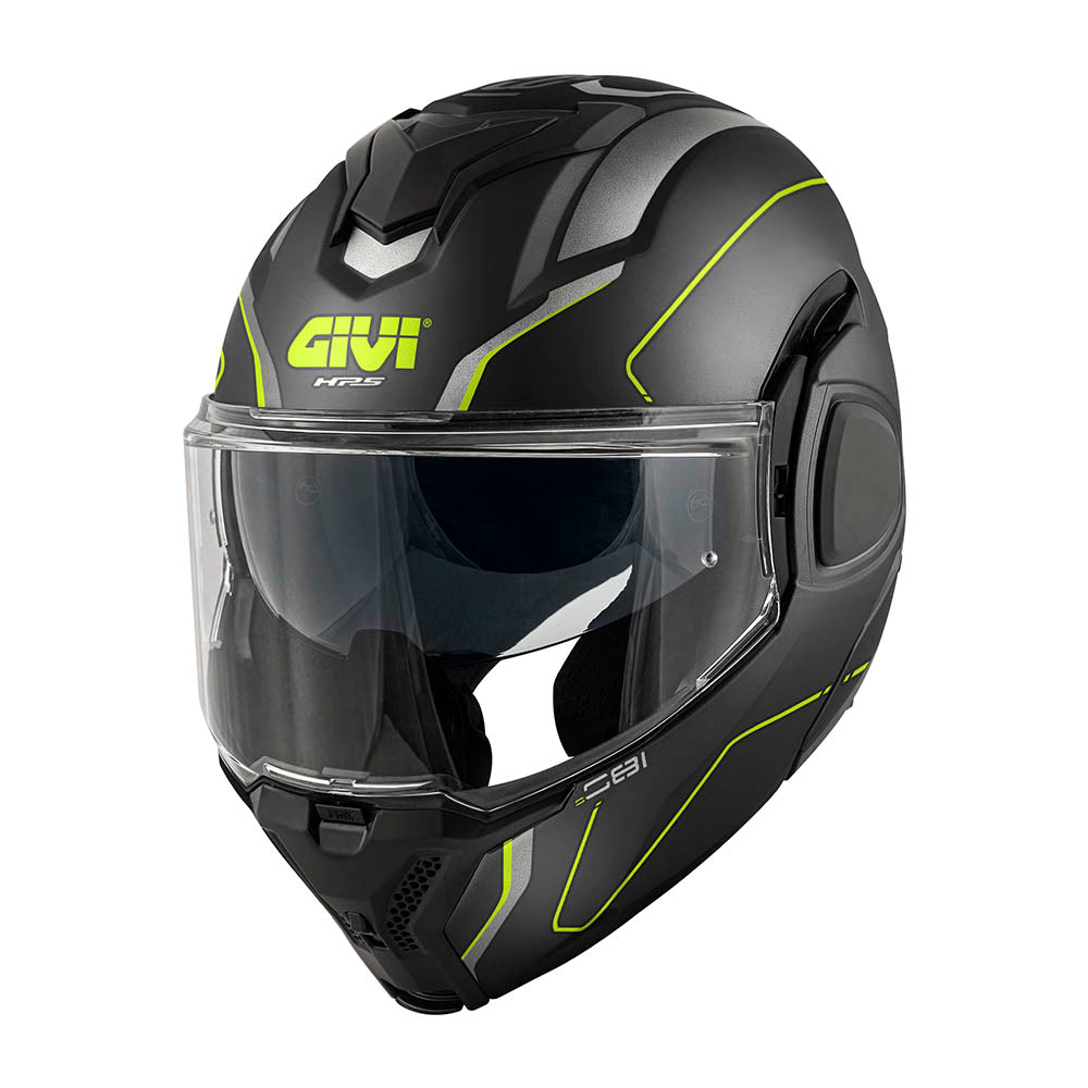 Givi X36 Fiber Pulse HX36RPLBY casco modulare nero opaco/titanio/giallo – vista di tre quarti anteriore