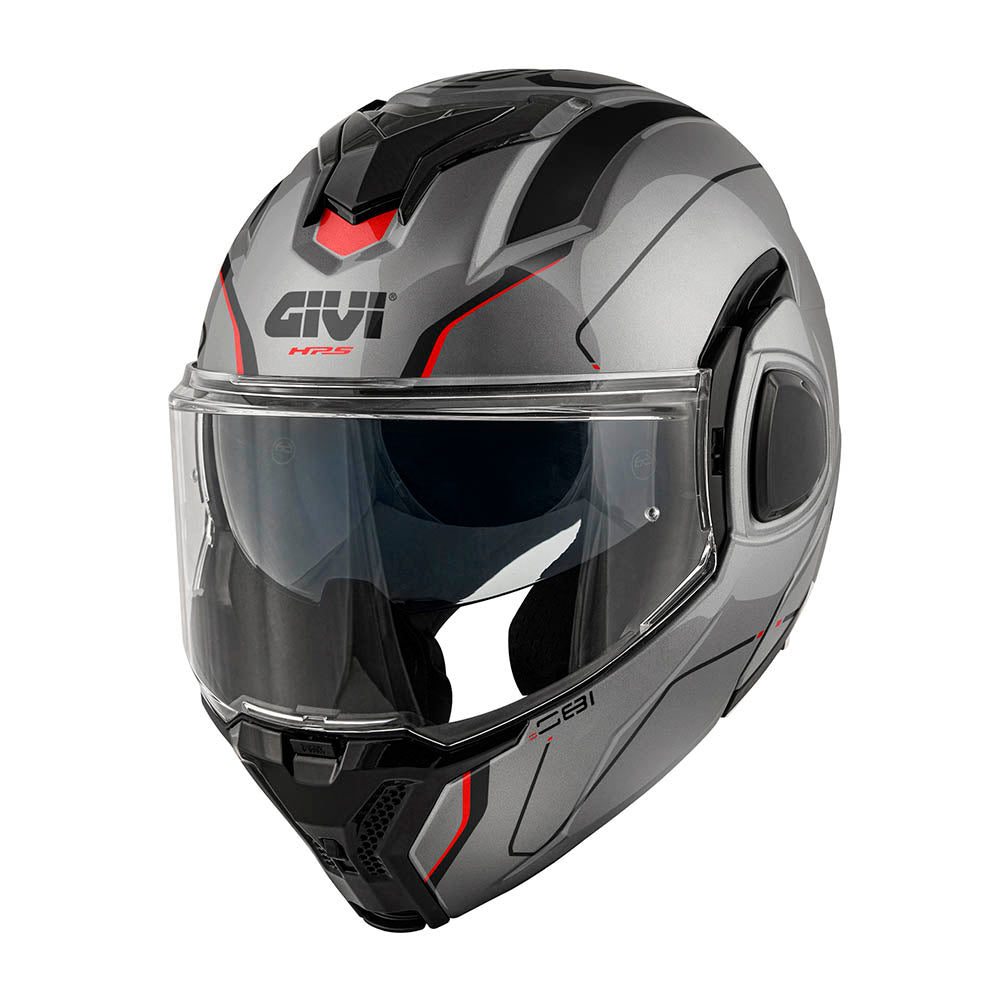 Givi X36 Fiber Pulse HX36RPLTR casco modulare titanio opaco/nero/rosso – vista di tre quarti anteriore