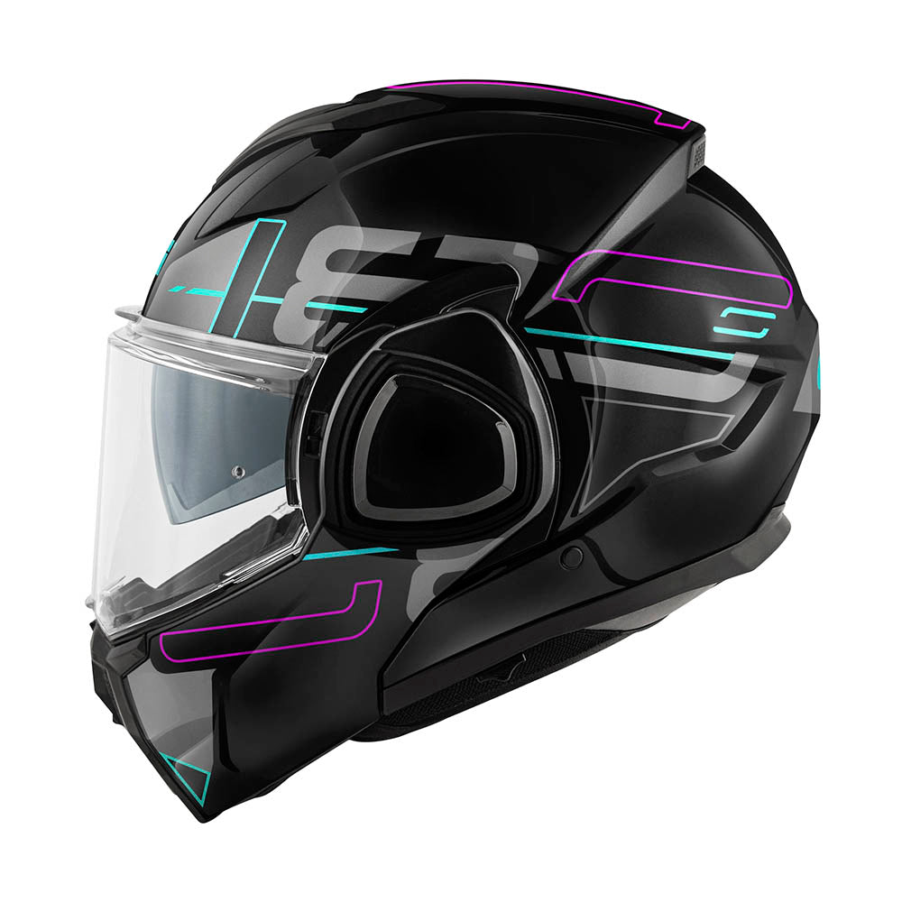 Givi X36 Vertigo HX36FVRBF casco modulare nero/grigio/fucsia/azzurro – vista laterale
