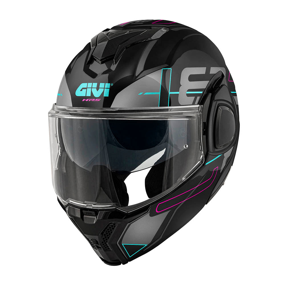 Givi X36 Vertigo HX36FVRBF casco modulare nero/grigio/fucsia/azzurro – vista di tre quarti anteriore