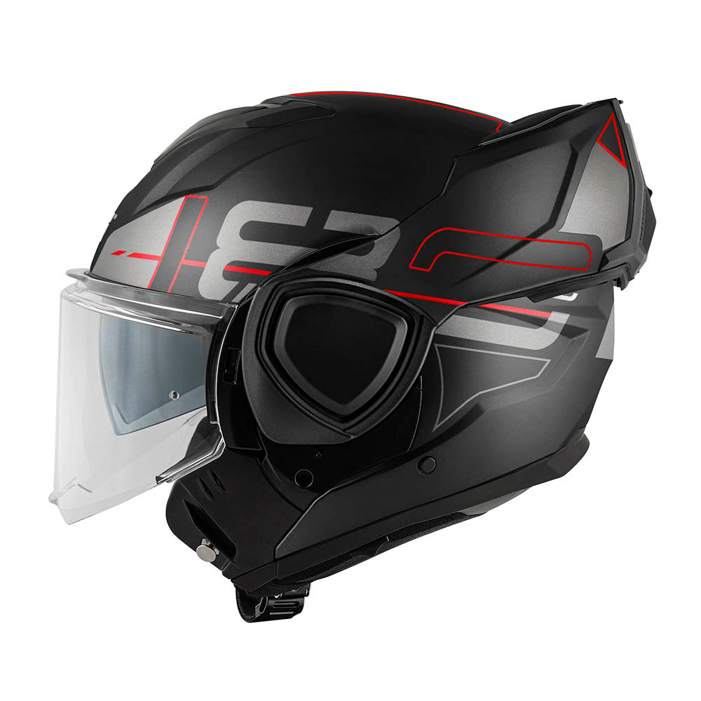 Givi X36 Vertigo HX36FVRBR casco modulare nero opaco/titanio/rosso – vista laterale con mentoniera ribaltata
