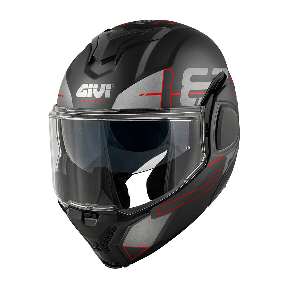 Givi X36 Vertigo HX36FVRBR casco modulare nero opaco/titanio/rosso – vista di tre quarti anteriore