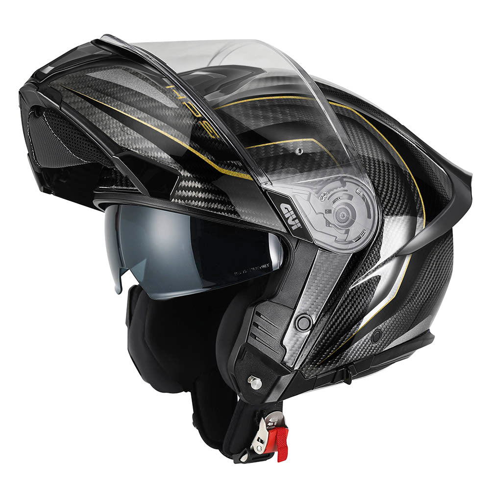 Givi X50 Carbon HX50DCRBN casco modulare carbonio nero/oro – vista di tre quarti con mentoniera aperta