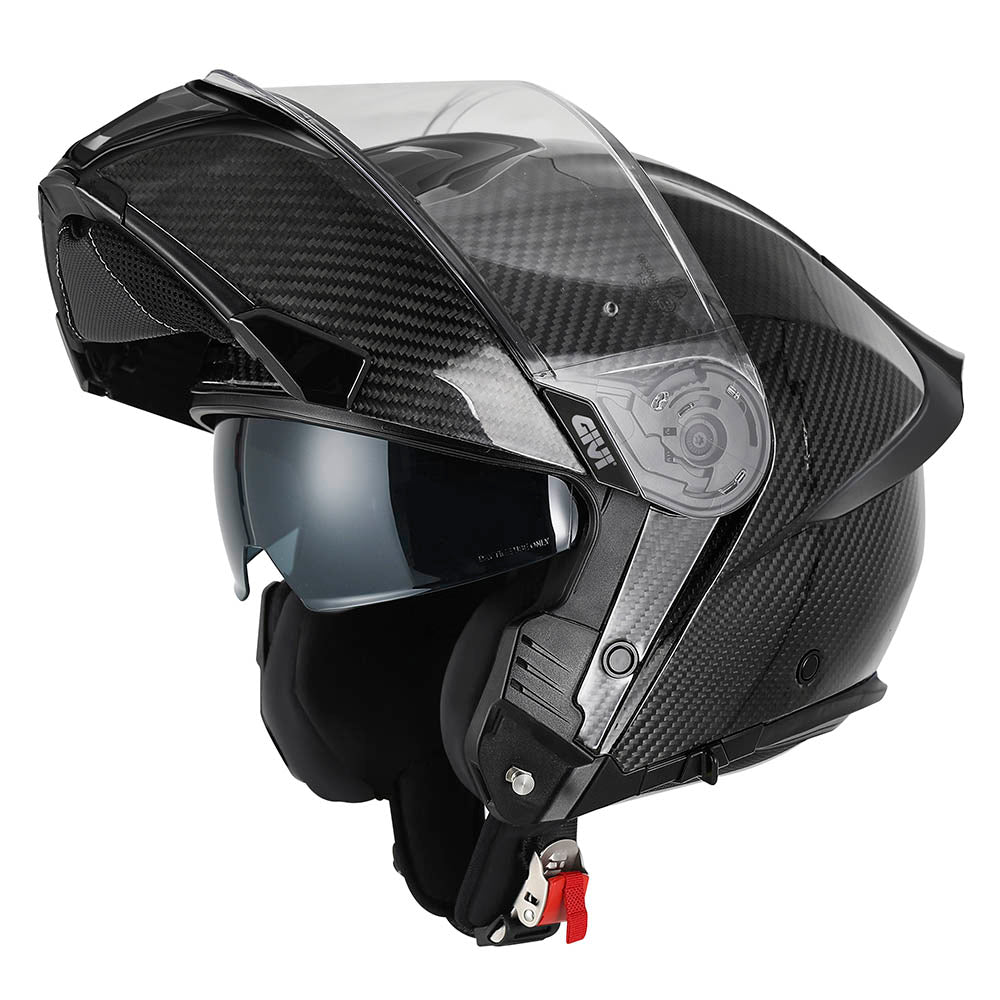 Givi X50 Carbon Solid Color HX50CCRSD casco modulare carbonio lucido – vista di tre quarti con mentoniera aperta