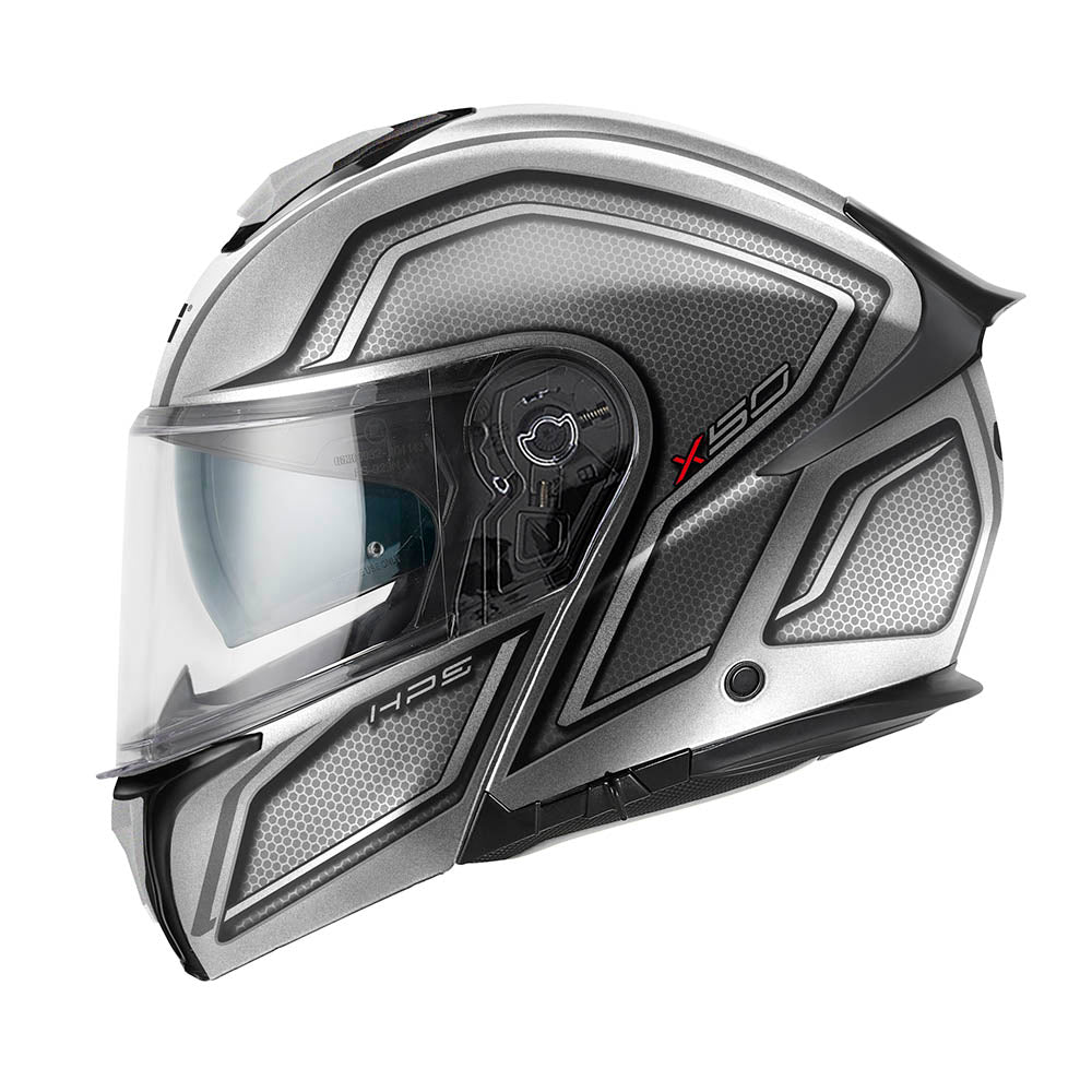 Givi X50 Fiber Hologram HX50FHGST casco modulare argento opaco/nero/titanio/rosso – vista laterale