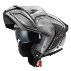 Givi X50 Fiber Hologram HX50FHGST casco modulare argento opaco/nero/titanio/rosso – vista di tre quarti con mentoniera aperta
