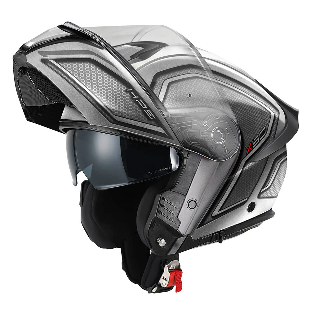 Givi X50 Fiber Hologram HX50FHGST casco modulare argento opaco/nero/titanio/rosso – vista di tre quarti con mentoniera aperta