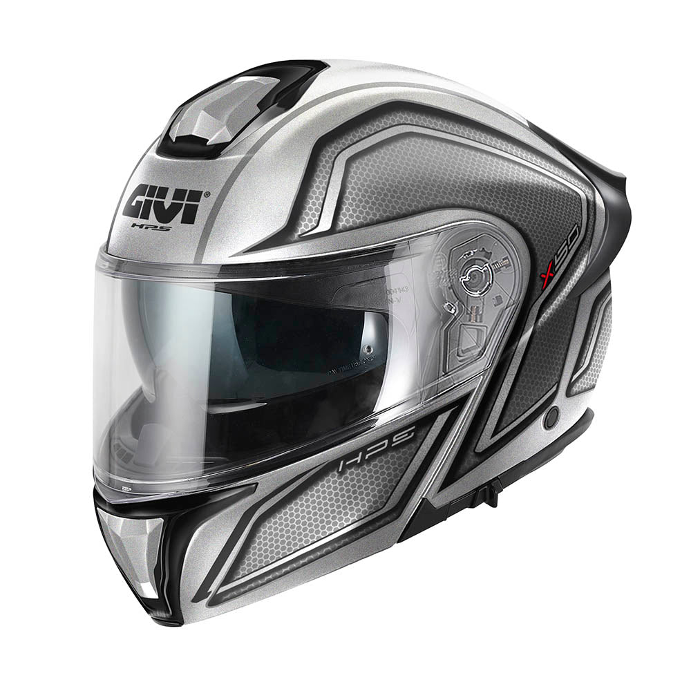 Givi X50 Fiber Hologram HX50FHGST casco modulare argento opaco/nero/titanio/rosso – vista di tre quarti anteriore