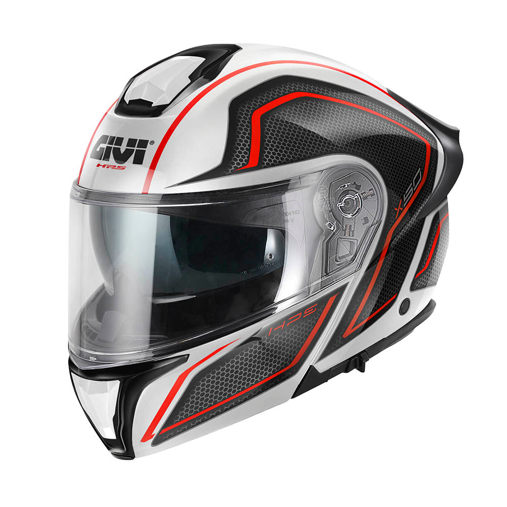 Givi X50 Fiber Hologram HX50FHGWR casco modulare bianco/nero/rosso/titanio – vista di tre quarti anteriore