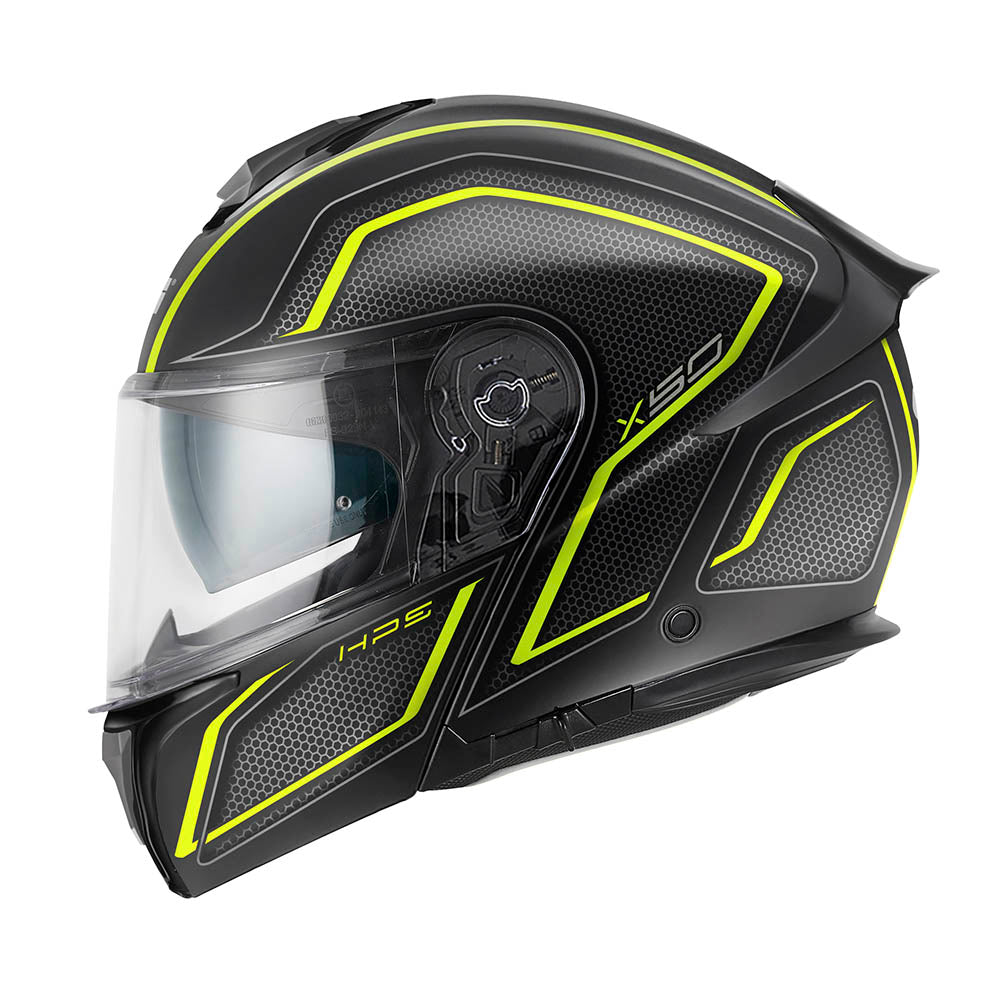 Givi X50 Fiber Hologram HX50FHGBY casco modulare nero opaco/titanio/giallo – vista laterale