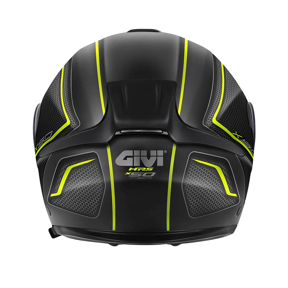Givi X50 Fiber Hologram HX50FHGBY casco modulare nero opaco/titanio/giallo – vista posteriore