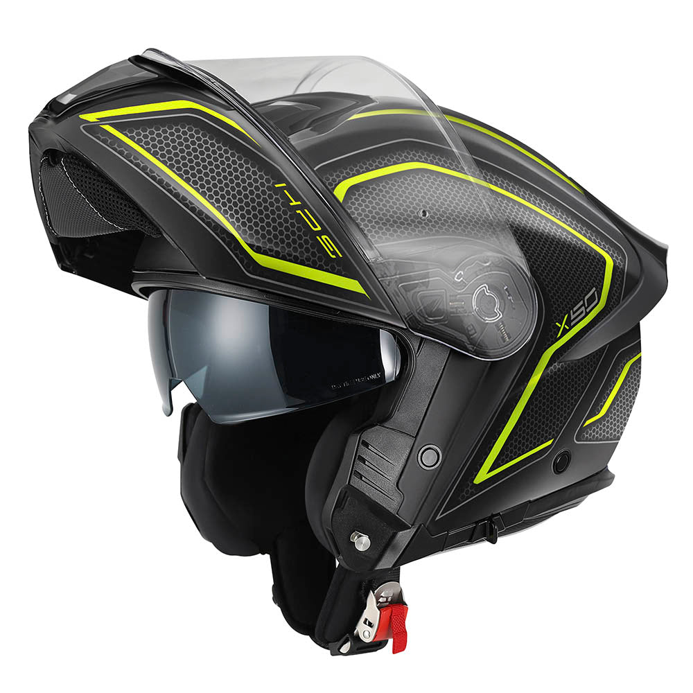 Givi X50 Fiber Hologram HX50FHGBY casco modulare nero opaco/titanio/giallo – vista di tre quarti con mentoniera aperta