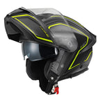 Givi X50 Fiber Hologram HX50FHGBY casco modulare nero opaco/titanio/giallo – vista di tre quarti con mentoniera aperta