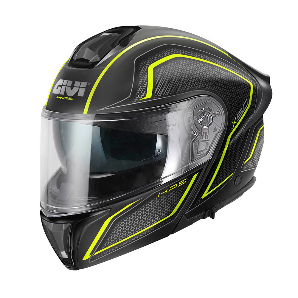 Givi X50 Fiber Hologram HX50FHGBY casco modulare nero opaco/titanio/giallo – vista di tre quarti anteriore