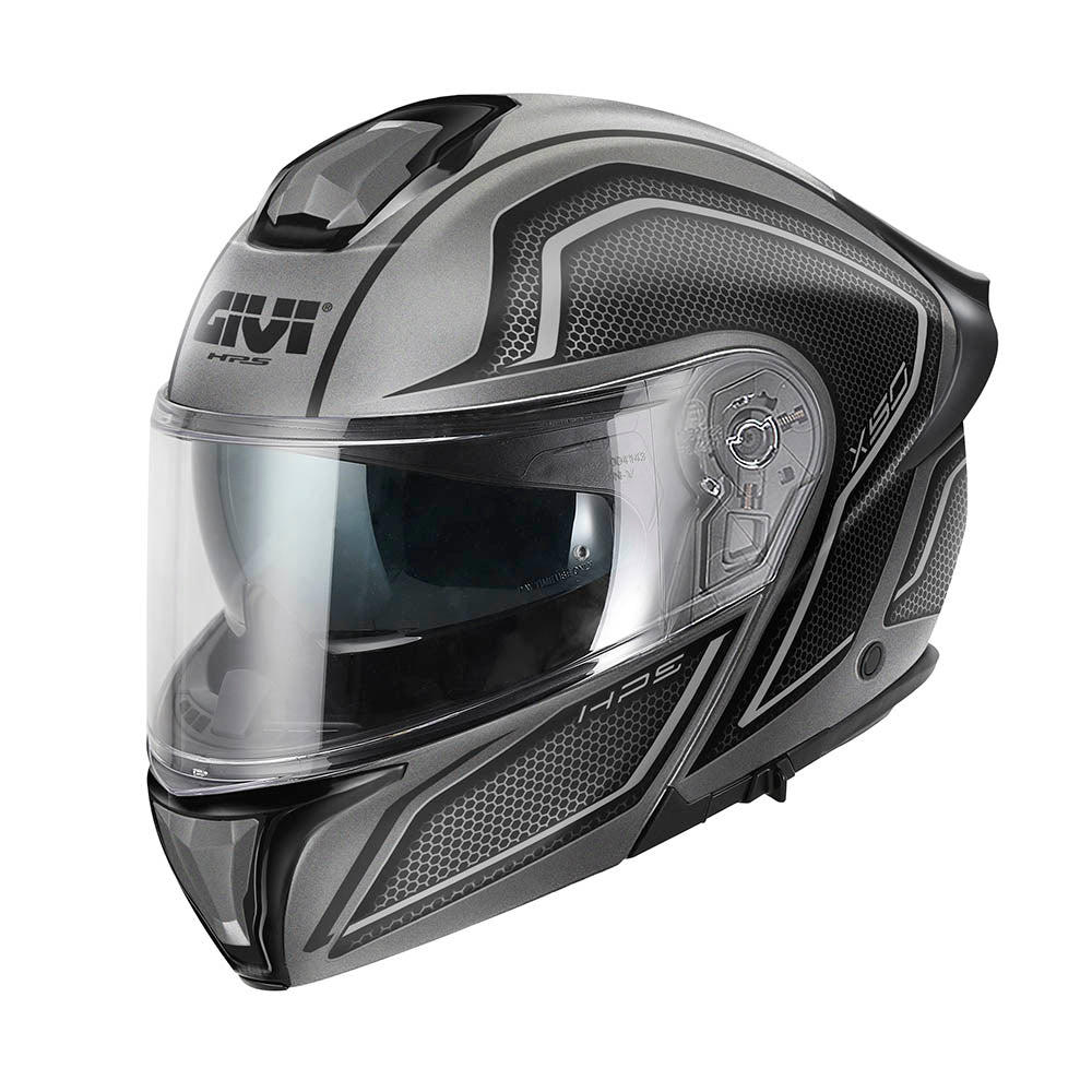 Givi X50 Fiber Hologram HX50FHGTB casco modulare titanio opaco/nero/grigio/argento – vista di tre quarti anteriore