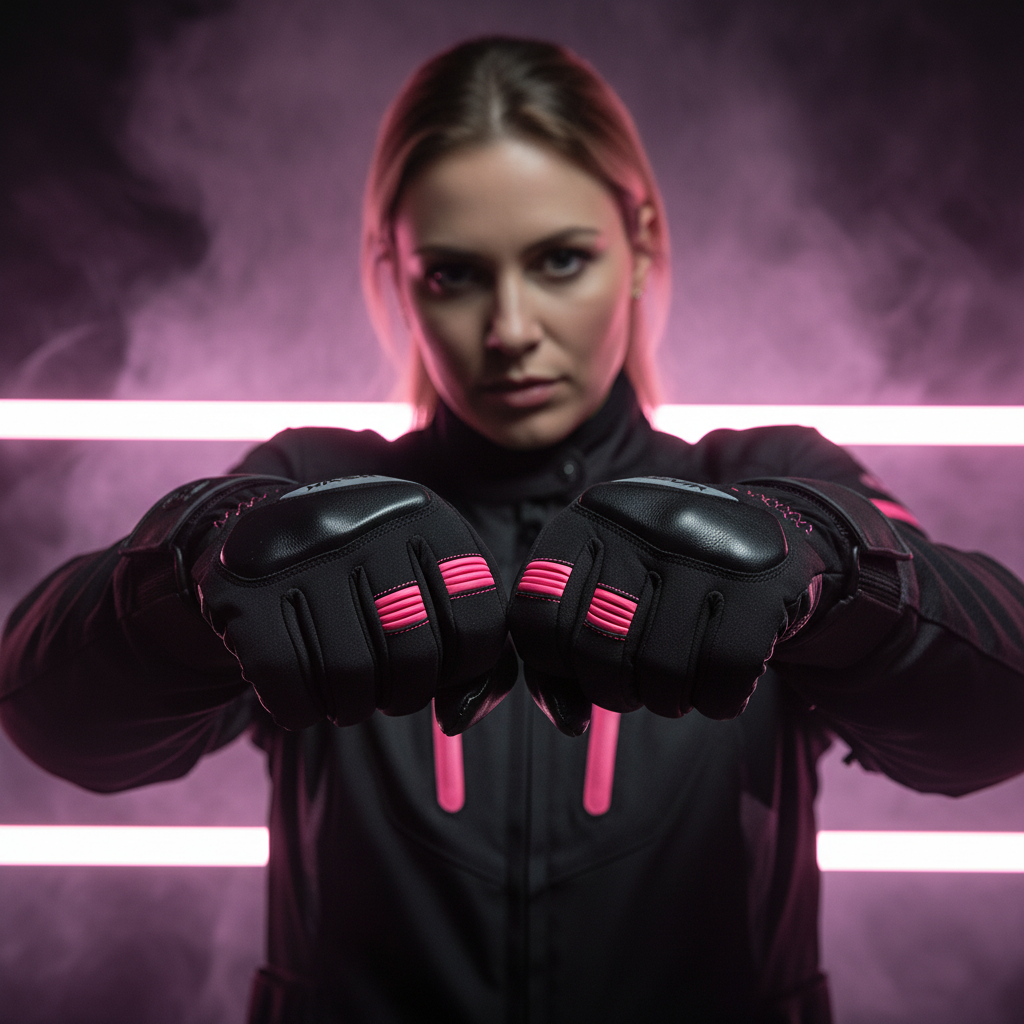 Donna che indossa i guanti moto Hevik Minerva Lady HGW215FB neri con inserti rosa