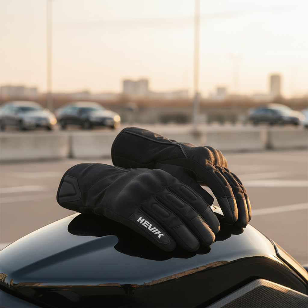 Guanti moto impermeabili Hevik Sirio appoggiati sul serbatoio di una moto