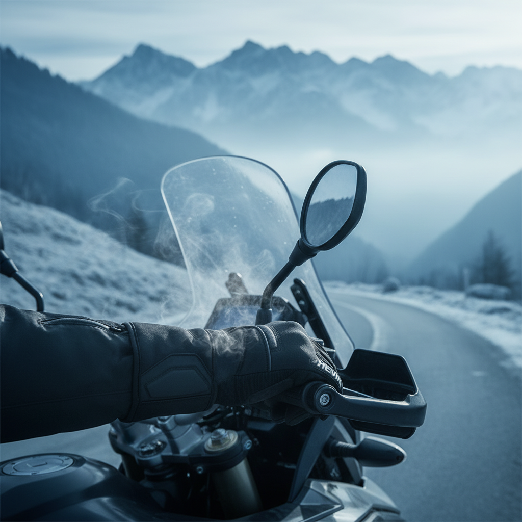 Guanti Hevik Sirio sul manubrio lungo una strada di montagna nella stagione fredda